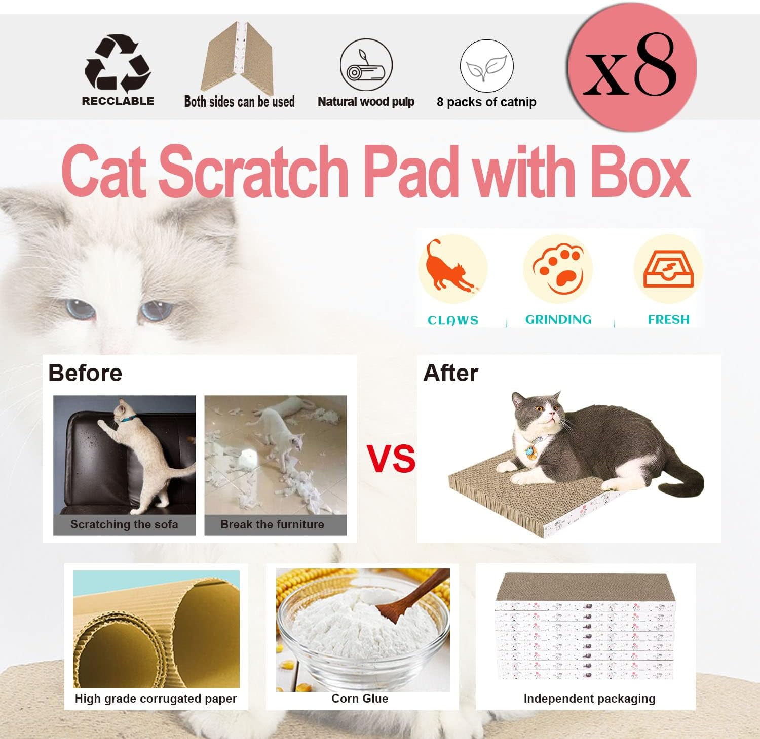 THBN 8 Packs in 1 Cat Scratch Pad, Cat Scratcher Cardboard,Reversible,Durable Recyclable Cardboard, Premium Scratch, Suitable for Cats to Rest, Grind Claws and Play
