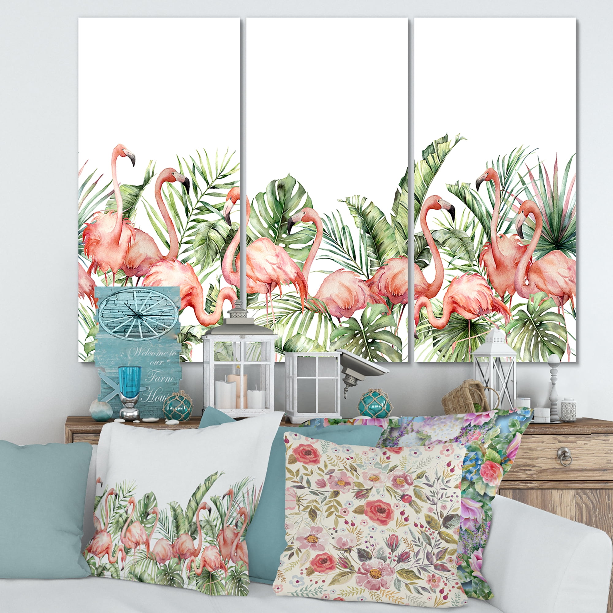 Designart ' Palm Leaves and Pink Flamingos Tropical Birds ' Traditional Canvas Wall Art Print