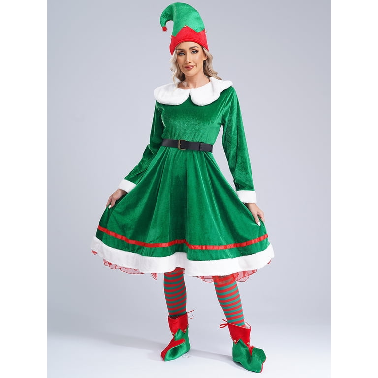 YiZYiF 5Pcs Womens Christmas Elf Costume Xmas Party Velvet Fancy Dress Santa Helper Cosplay Outfits Green L
