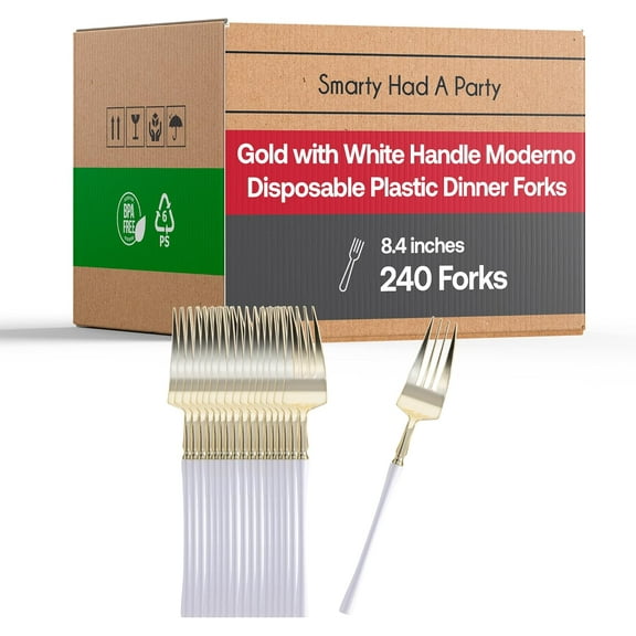Disposable Plastic Cutlery Set - Disposable Heavy Duty Flatware Silverware, Party Supplies for Wedding & All Occasions (Gold with White, Forks (240 Forks))