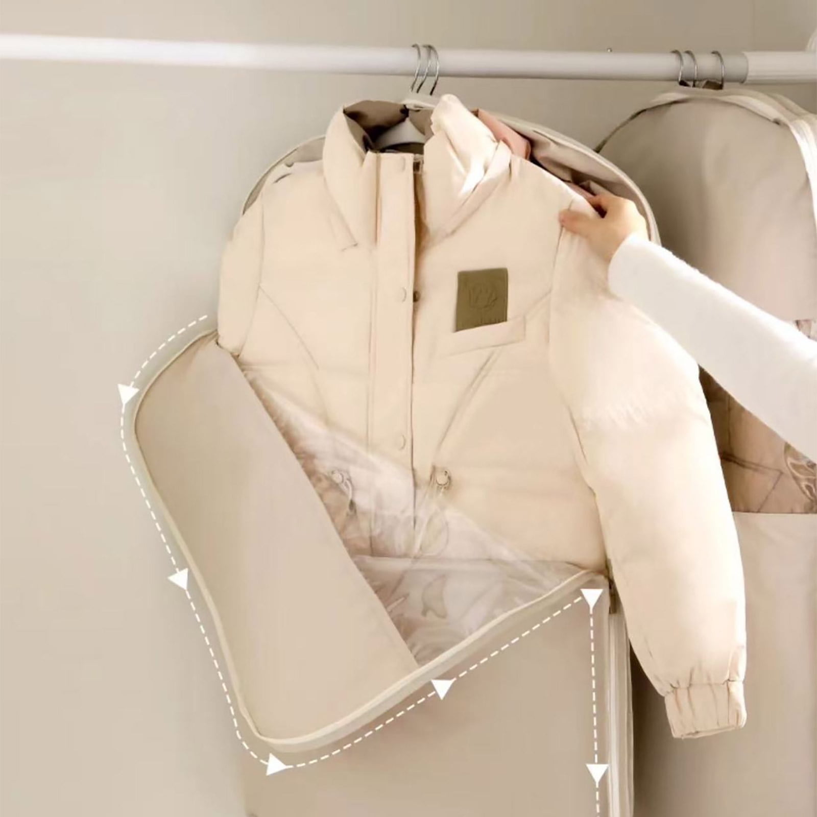 Self-Compression Hanging Garment Bag | 2-Pack Large Beige | Space-Saving Closet Organizer for Down Coats & Jackets | Waterproof & See-Through
