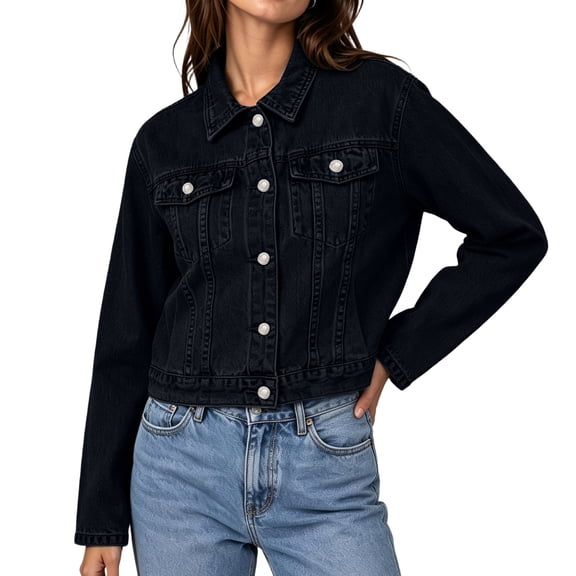 Rexolia Women's Denim Jacket Classic Western Style Button Down Long Sleeve with Pockets Black L