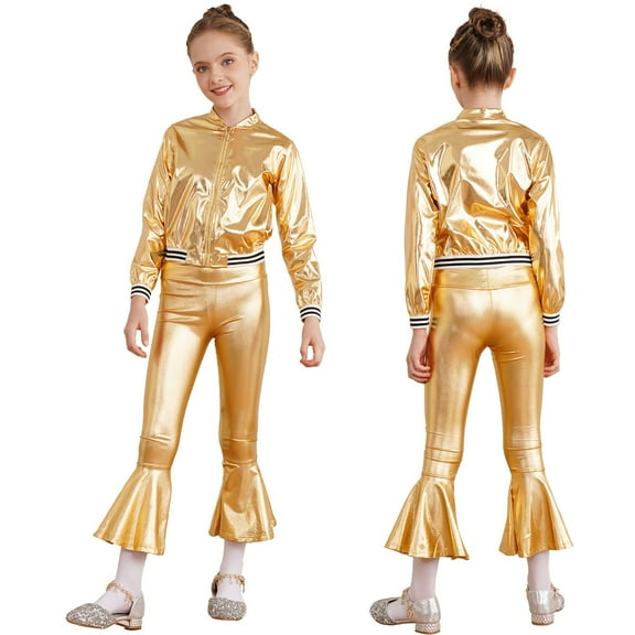 iiniim Kids Girls Modern Jazz Hip Hop Dance Outfits Long Sleeves Bomber Jacket with Bell-bottoms Pants Set Size 6-16 Gold 10