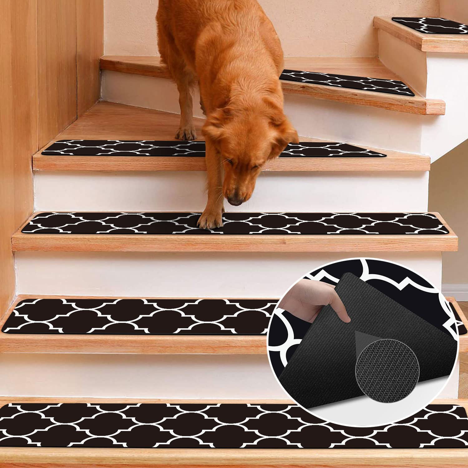 MIGHTDUTY Pack of 15 Non-Slip Safety Step Tapes Wood Stair Treads Floor Track Sticker with Small Roller for Kids Elders Dogs Indoor Home or Outdoor Setting 15x60cm, Black 