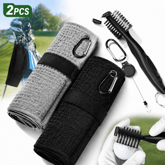 2 Pack Golf Towel (16" X 16") with Golf Club Brush, Genreen Microfiber Waffle Pattern Golf Towels for Golf Bags for Men,Essential Golf Combo Cleaning Kit (Black Gray)