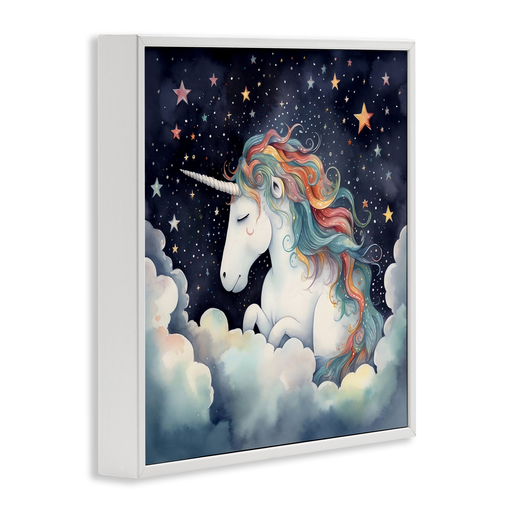 Stupell Industries Sleepy Unicorn in Starlit Clouds White Framed Giclee Art, design by Creative Studio