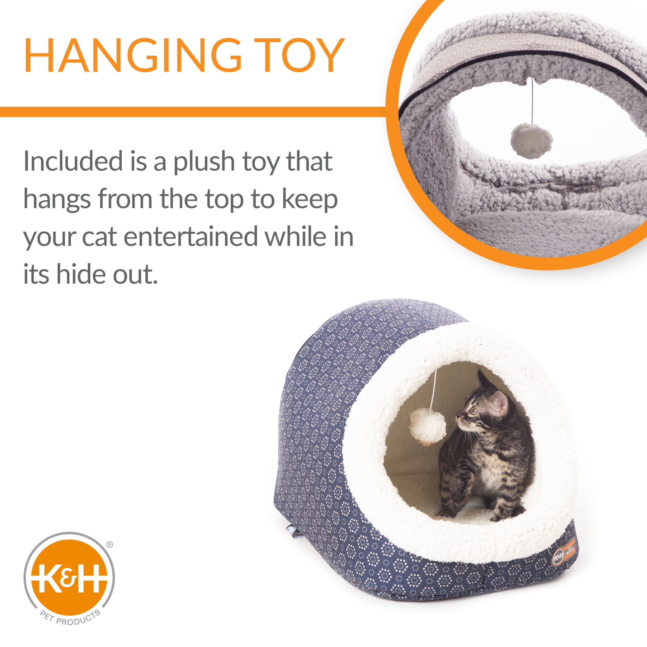 K&H Pet Products Thermo-Pet Cave Cat Bed Heated Navy/Geo Flower 17 X 15 X 13 Inches