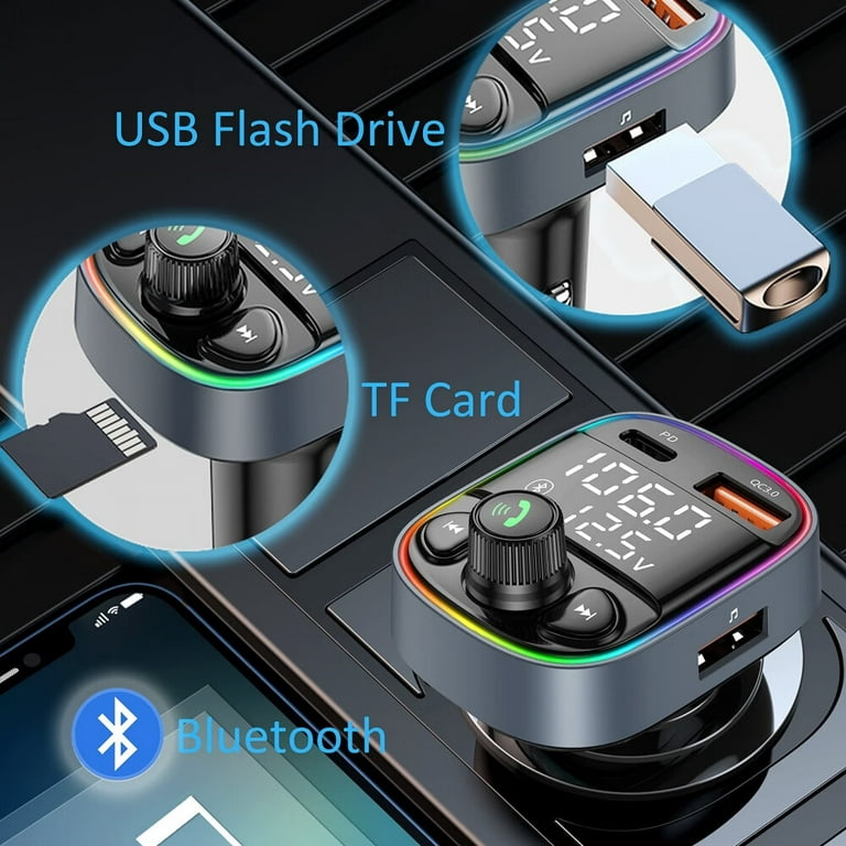 bluetooth cigarette lighter adapter walmart Aux USB C Bluetooth Car Adapter,Wireless Handsfree Call,FM Transmitter Radio Receiver,QC3.0 & Type-C Car Charger,7 Color Backlit with 2 LED Displays,