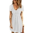 thumbnail image 3 of QUYUON Women Shirt Dress Summer Scoop Neck Short Sleeve Button Front Mini Dress Fit & Flare Solid Color Casual Dresses Pleated A-Line Beach Sundress Style A-212, 3 of 5