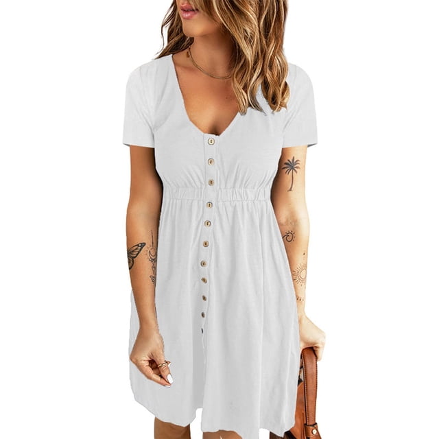 Gspmoly Robes pour Femmes, Mode Féminine Décontractée Confortable Unie à Manches Courtes Col Rond Bouton Robe Longueur Genou Robes Formelles pour Femmes Offres du Jour