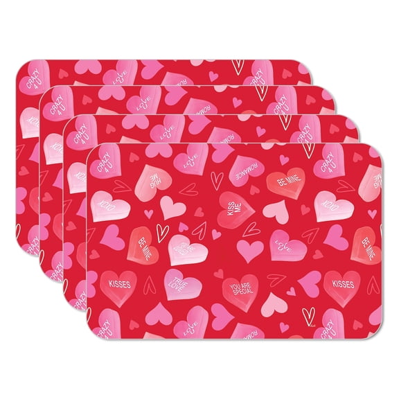 CounterArt "Candy Heart Messages" Pink & Red Flexible Plastic Tabletop Placemat 4 Pack