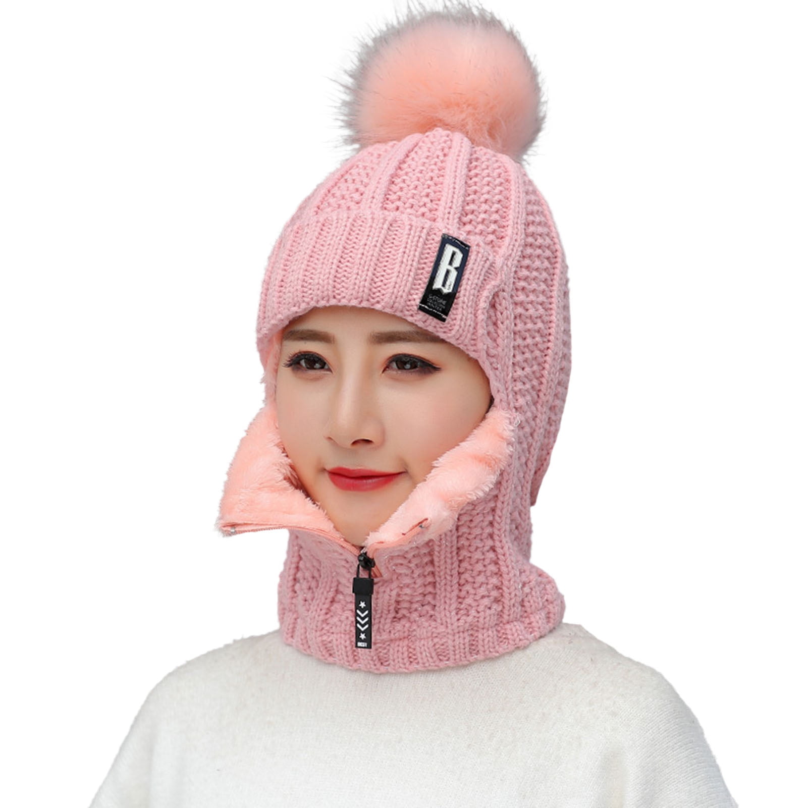 Dengjunhu Women Winter Beanie Hats One-Piece Fleece Lined Zipper Knit Mask Set Skull Neck Circle Scarf Ski Snow Hat Cap with Pompom