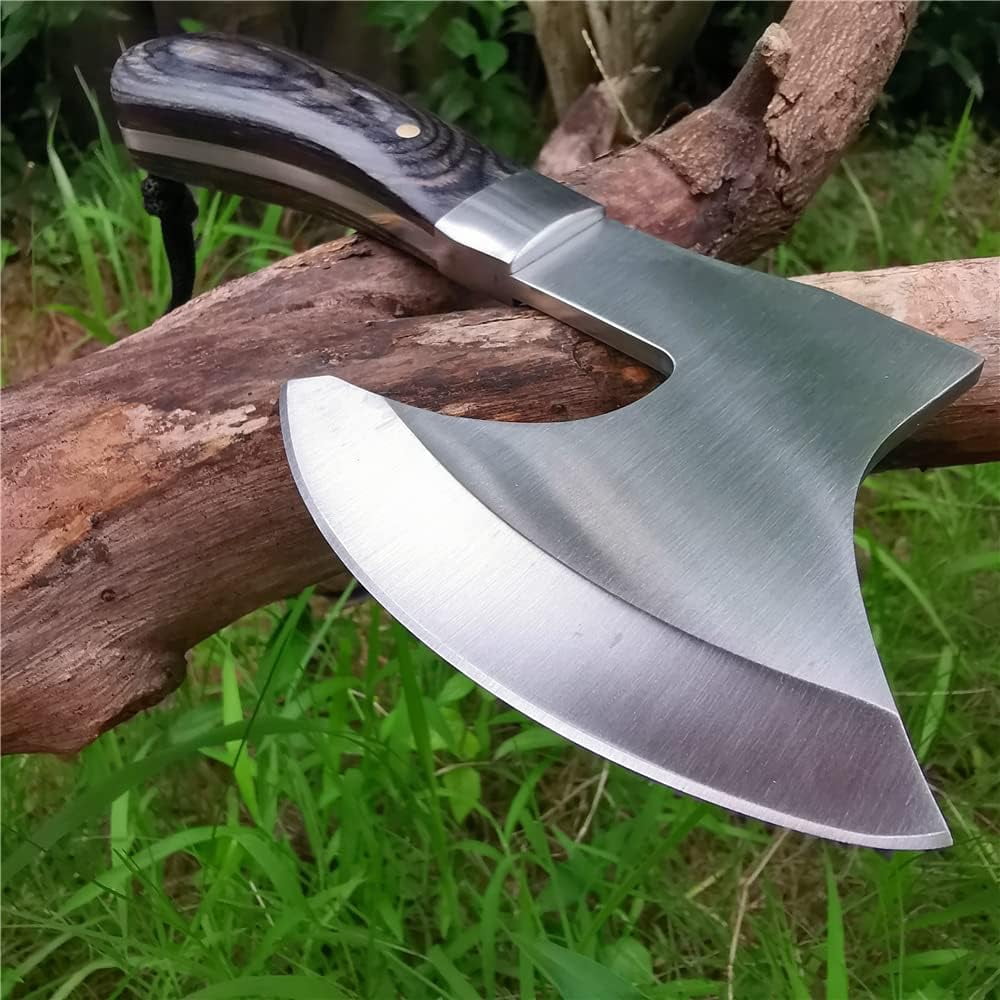 8.5" Camping Hatchet Axe with Nylon Sheath,Small Tomahawk Viking Forged High Carbon Steel for Full Tang Wooden Grip,Portable Outdoor Splitting Wood,Hunting Survival