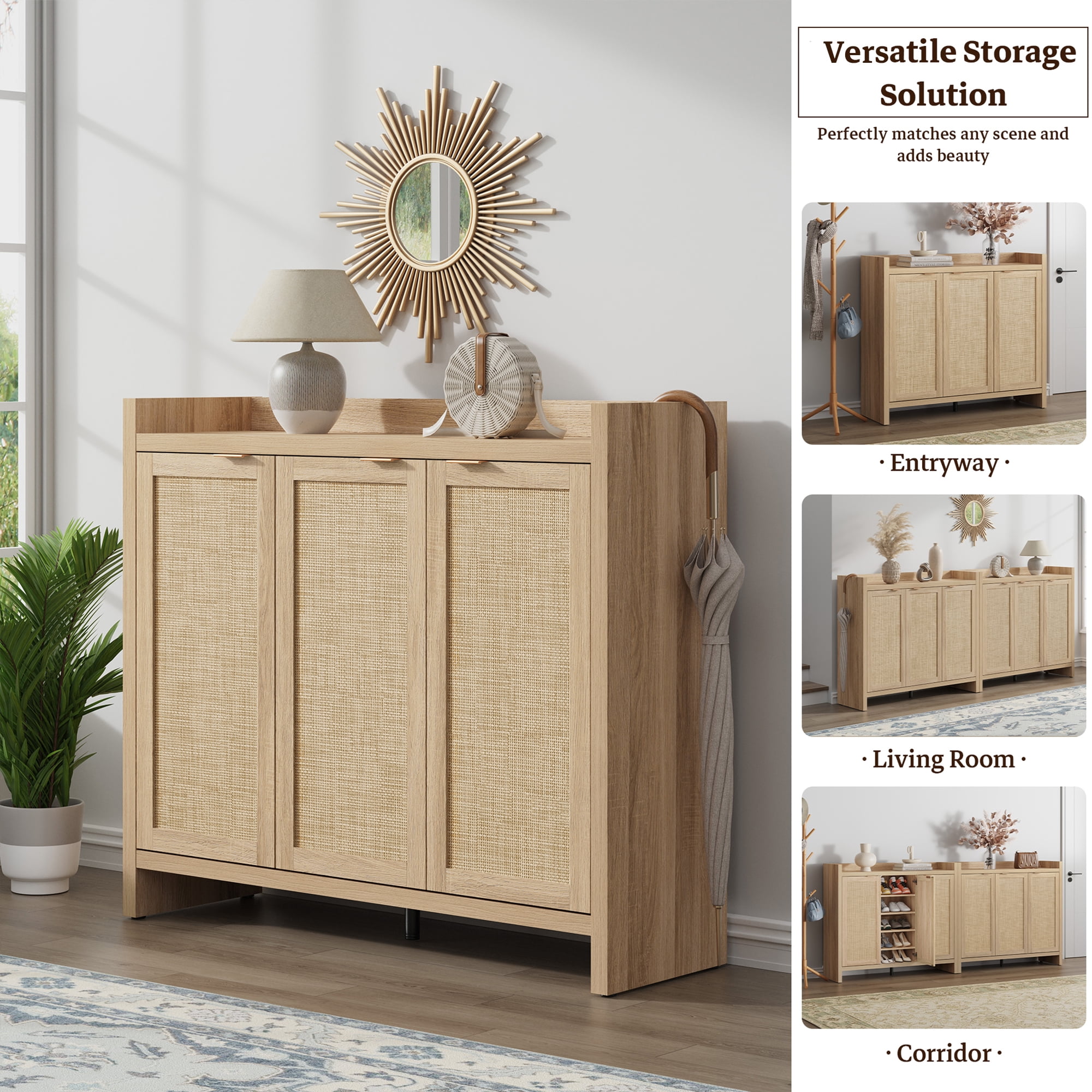 SICOTAS Rattan Shoe Cabinet with 3 Doors, 6-Tier Adjustable Shelf, 57.24" Shoe Storage Cabinet for Entryway Furniture, Light Oak 2