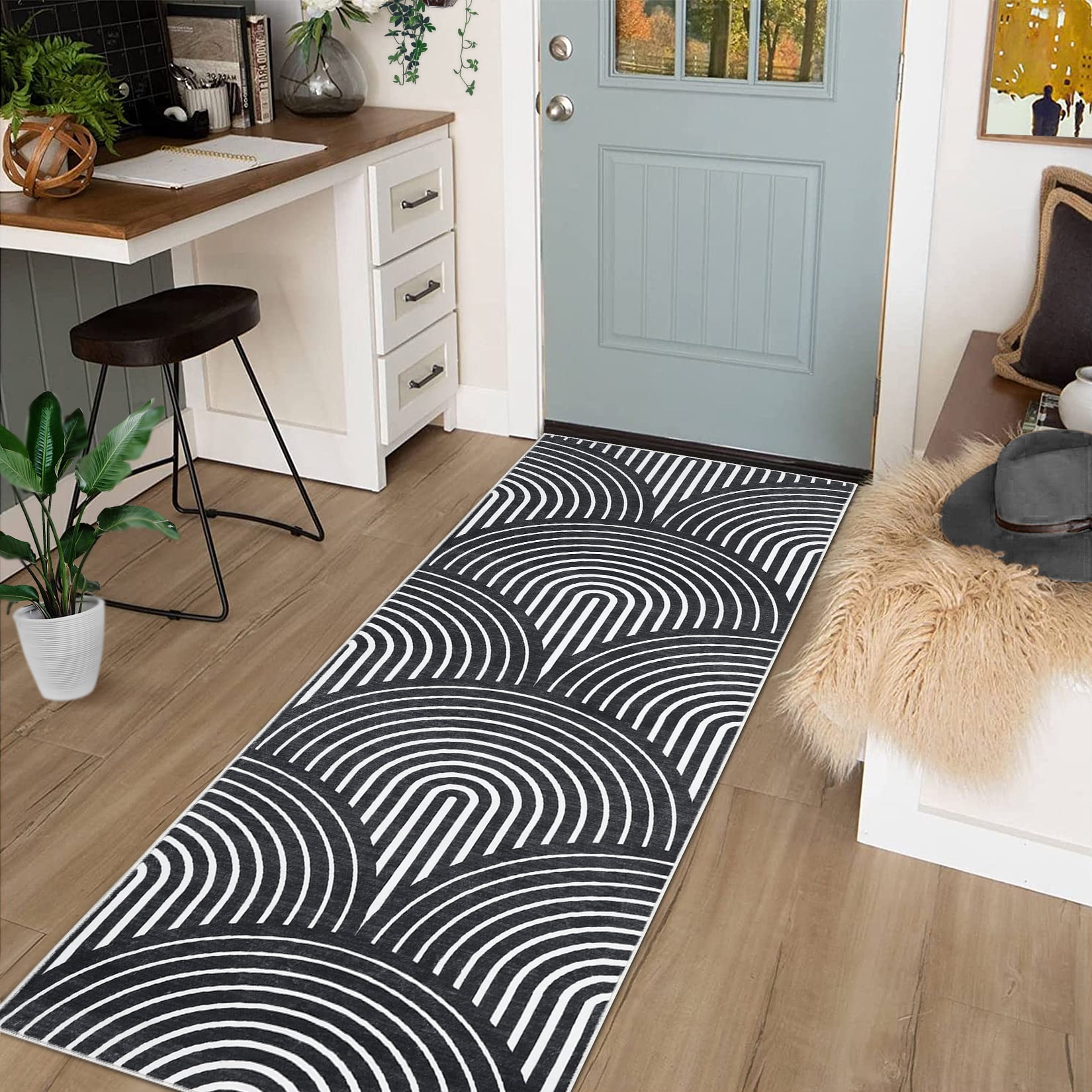 Hasoo Modern Arches Runner Rug Mid Century Modern Bedroom Living Room Decor Floor Rug 2' x 6' Black