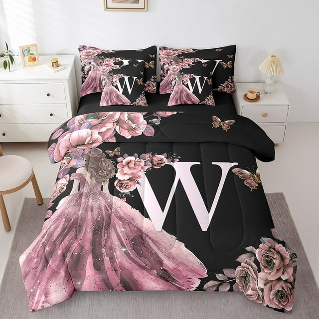 Erosebridal Ensemble de Literie Romantique à Roses Format Simple, Literie Lettre Initiale W Format Simple, Ensemble de Lit Réversible Princesse de Conte de Fées, Déco de Chambre Super Douillette, 7 Pcs