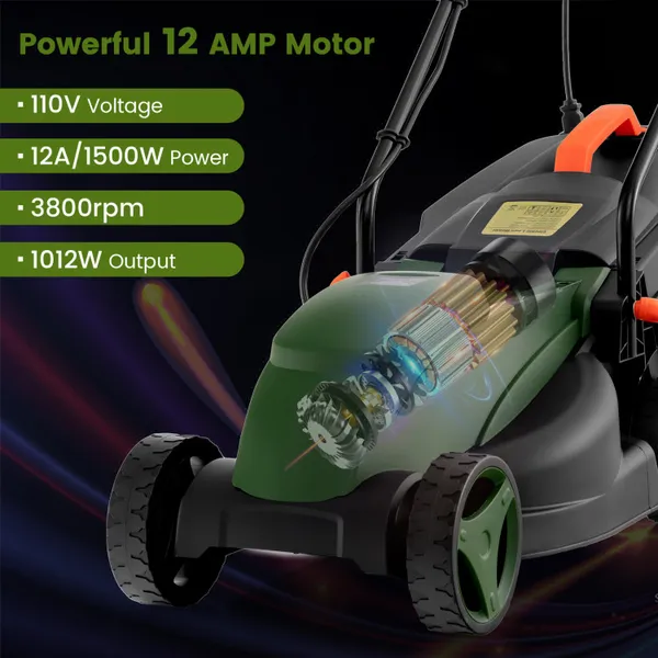 12-AMP 13.5 Inch Adjustable Electric Corded Lawn Mower with Collection Box