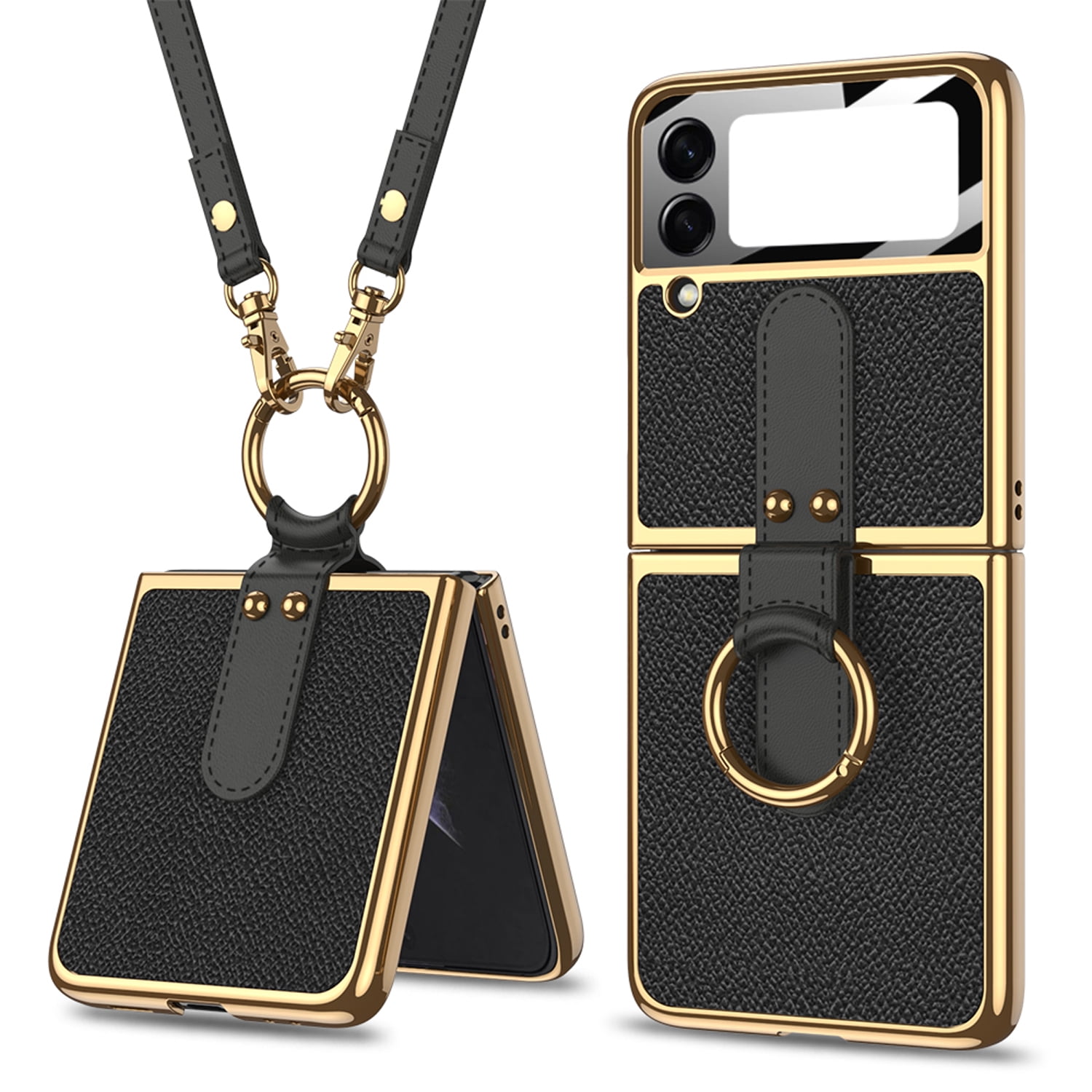 SHIEID Galaxy Z Flip 5 Case with Shoulder Strap, Ring Holder, Z Flip 5  Cover with Small Screen Protection, Premium Leather, and Wireless Charging