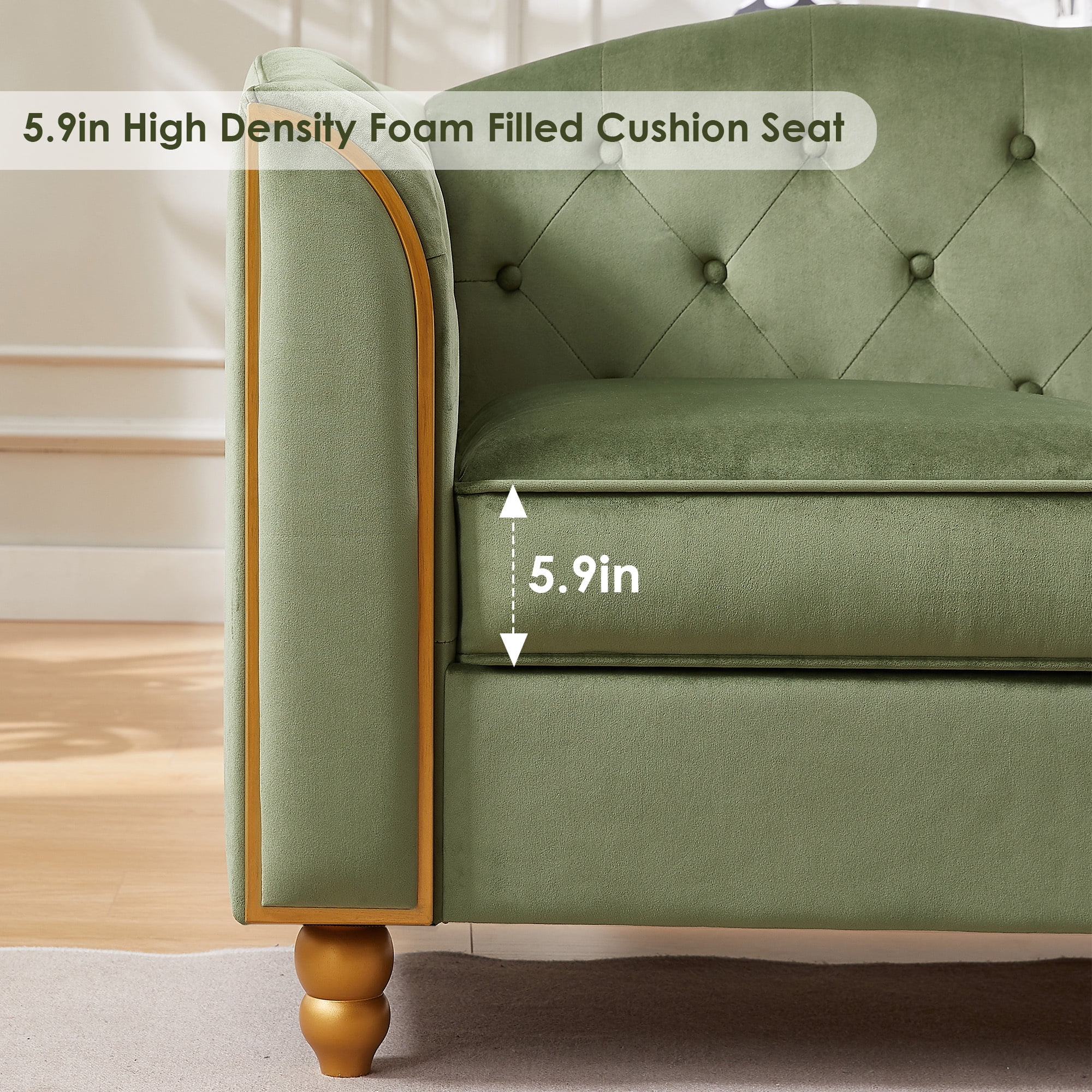 Homfa 3 Seater Sofa, 78.7'' Modern Large PU Button Upholstered Couch with Golden Wood Legs, White