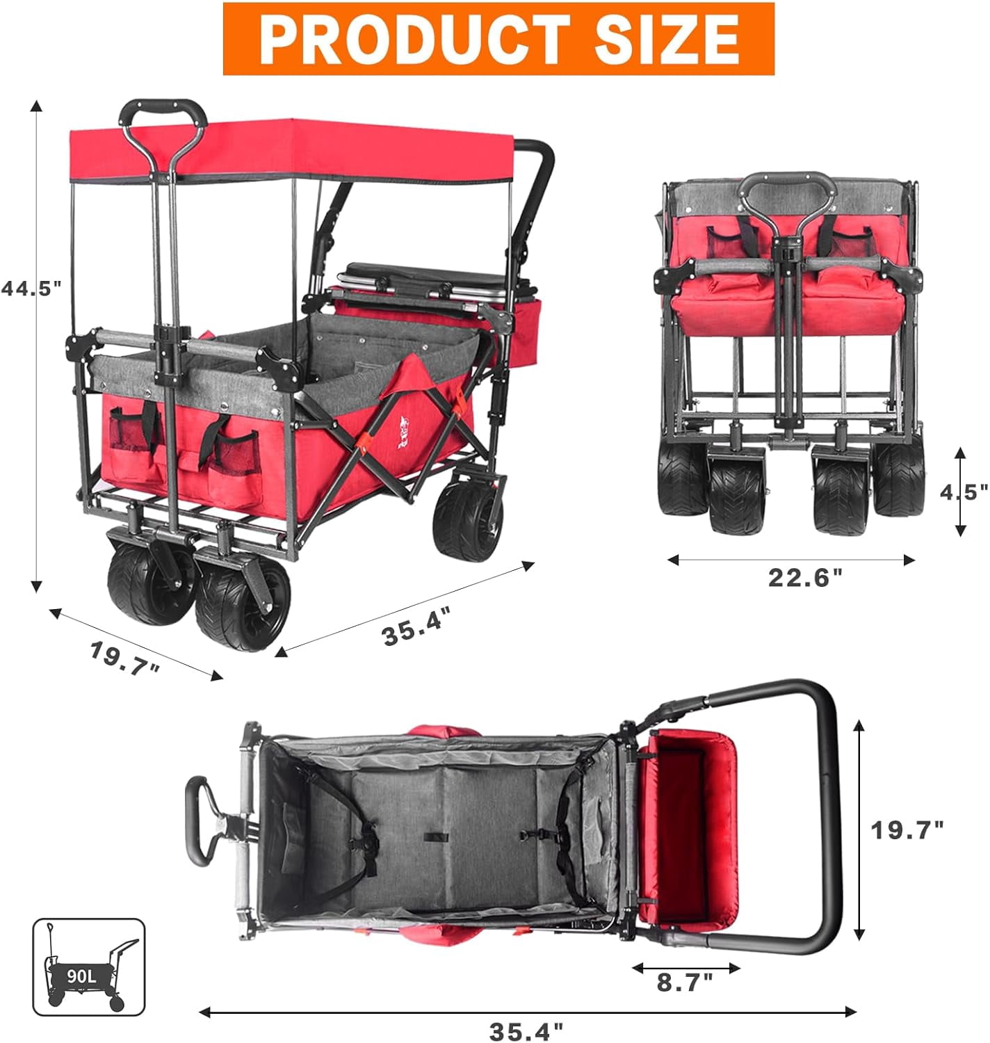 Collapsible Wagon cart with Removable Canopy, Large All Terrain Wheels, Brake, Adjustable Handles, Cooler Bag, Grey Red