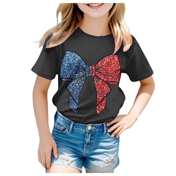 Gerichy Girls Short Sleeve T Shirts Girls Crew Neck Graphic Print Summer Short T-Shirts for Girls Independence Day Print Girls Summer Crewneck Tee Casual Fit Basic Graphic Print Shirts