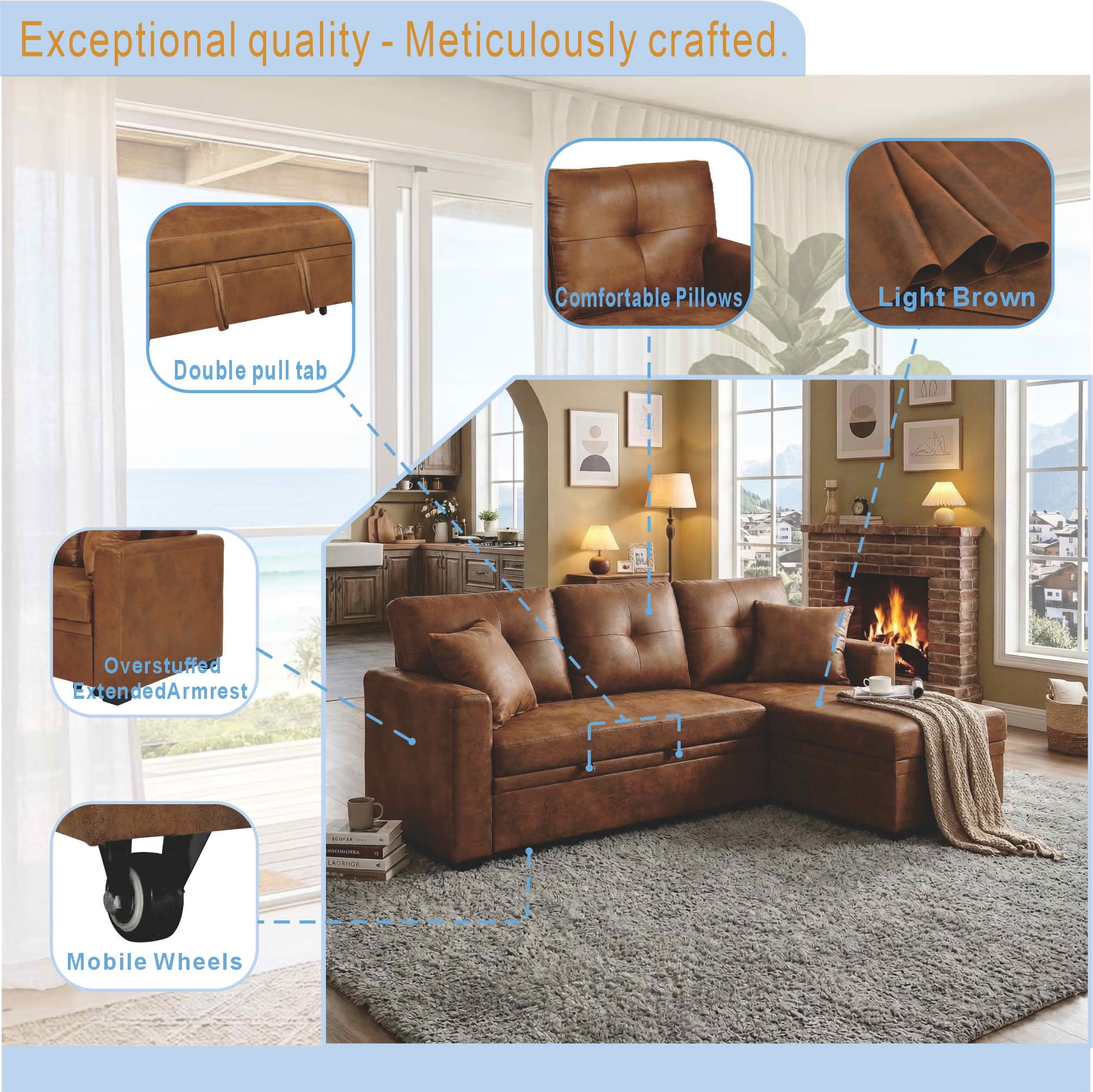 MAYEERTY 71" Breathable Fabric Sleeper Sectional Sofa, L-Shaped Convertible Pull-Out Sofa Bed with Reversible Chaise & Hidden Storage, Multi-Functional