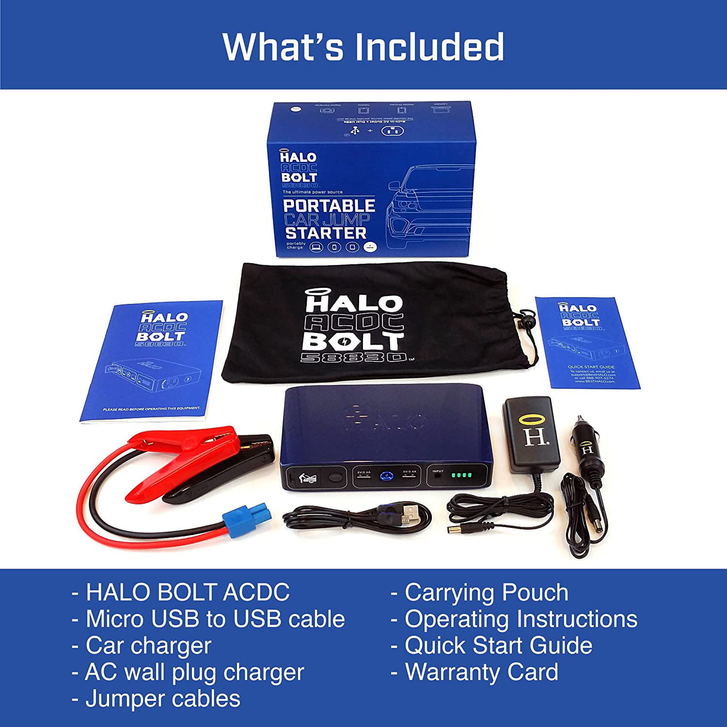 HALO Bolt 58830 mWh Portable Phone Laptop Charger Car Jump Starter with AC  Outlet and Car Charger