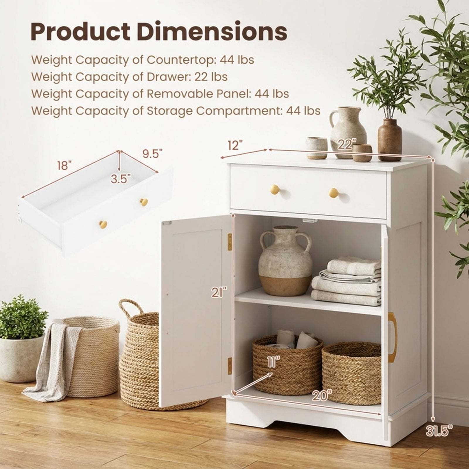 Vebreda Freestanding Floor Storage Cabinet with 2 Doors, Drawer & Adjustable Shelf, Modern Buffet Sideboard Organizer with Gold Knobs for Bathroom Living Room Dining Room, White