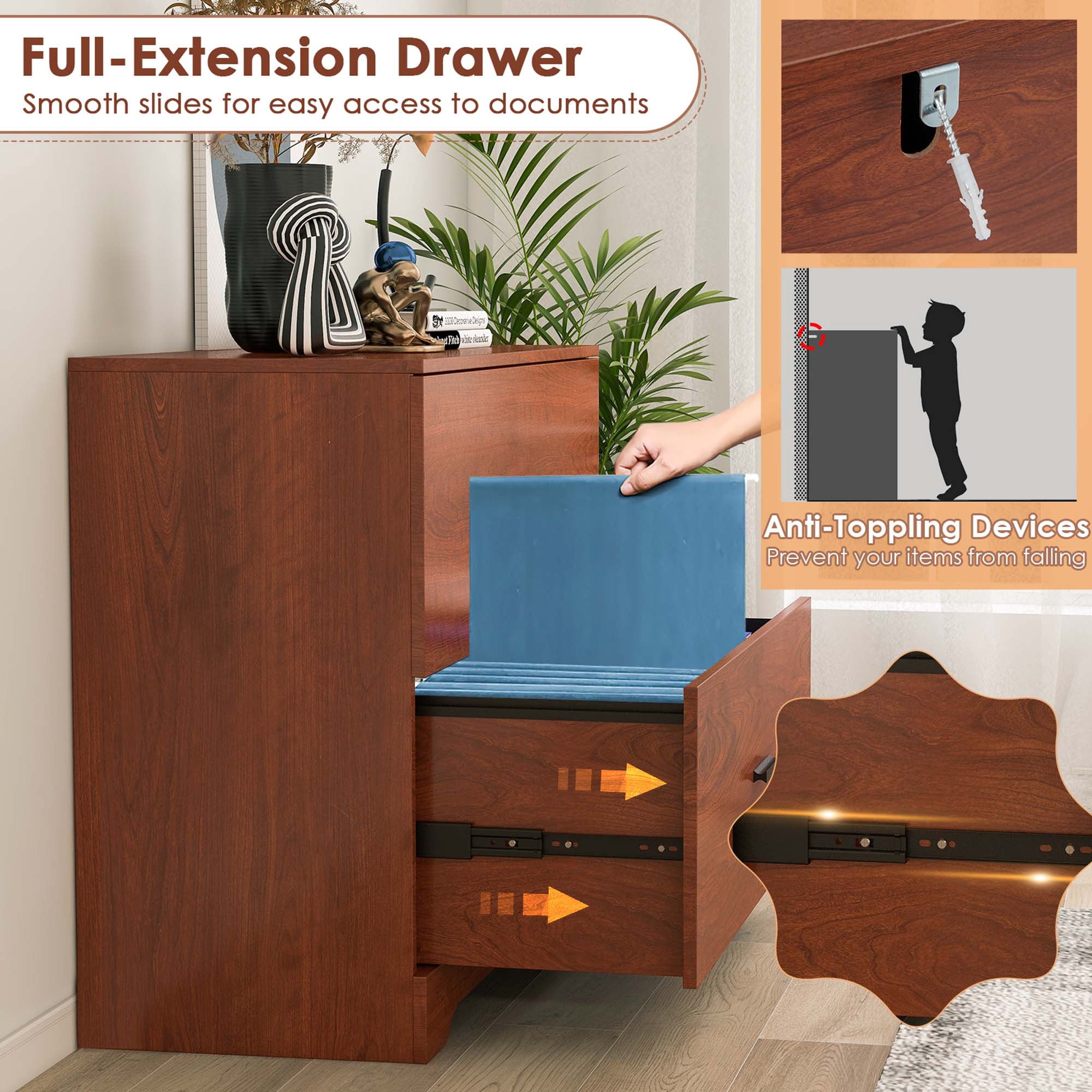Costway 2-Drawer Wood Lateral File Cabinet with Adjustable Bars for Home Office Walnut