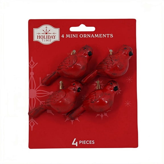 4-Count Red Cardinal Mini Christmas Ornaments, by Holiday Time