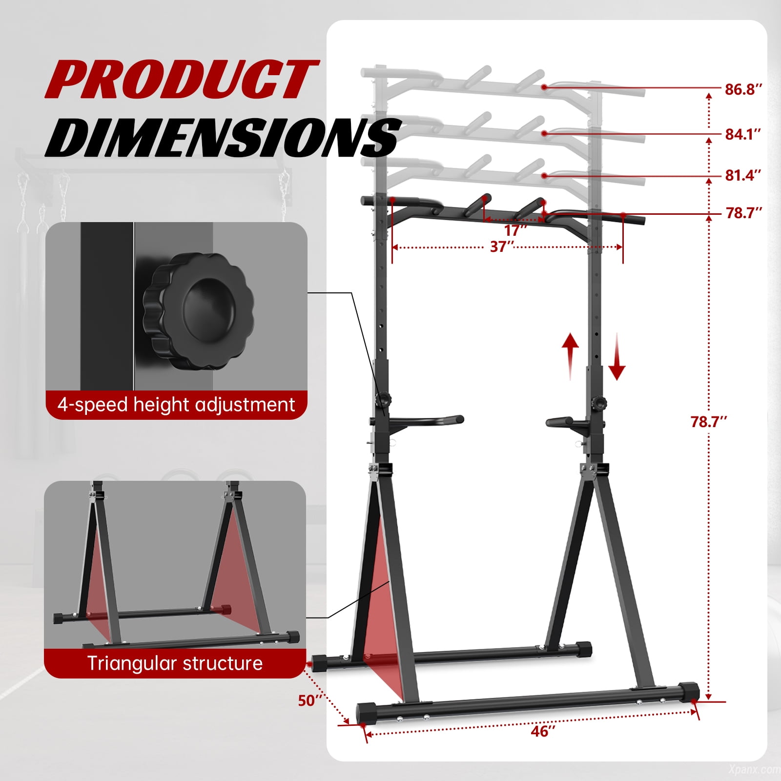 Primy 350lbs Foldable Pull Up Station, Pull Up Bar for Home Gym Workout, Free-Standing Dip Station Power Tower Strength Training Fitness Equipment
