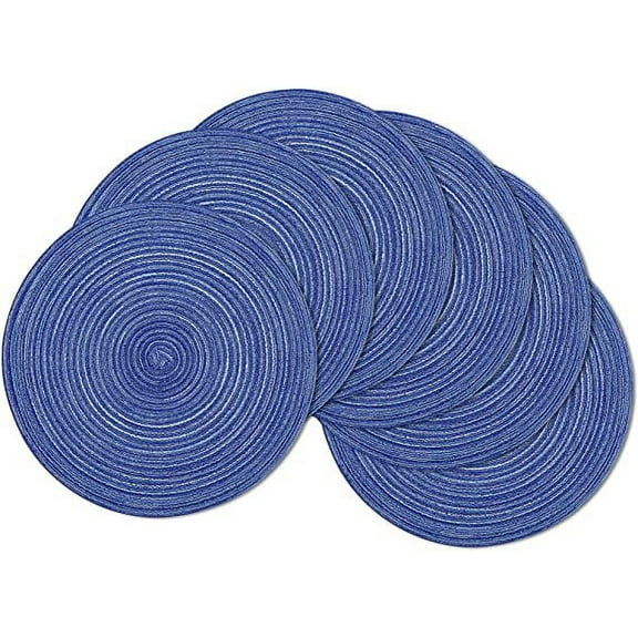 Nvzi Round Braided Placemats 15 inch Washable Kitchen Table Placemats for Home Wedding Party (Blue White, 6)