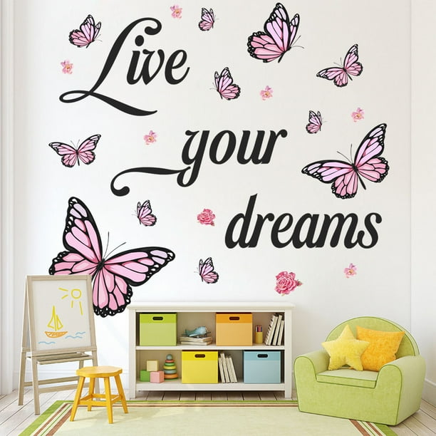 Adhesivos de pared Live Your Dreams, acuarela, mariposa, rosa