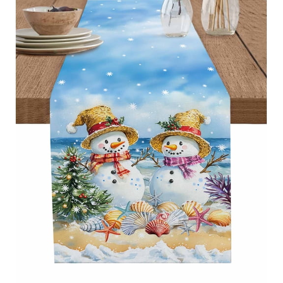 Ldtrchee Coastal Christmas Table Runner 48 Inches, Snowman Starfish Beach Shell Blue Bed Runner Dresser Scarves Tabletop for Indoor Outdoor Parties/Ceremony/Banquet, 13" x 48"