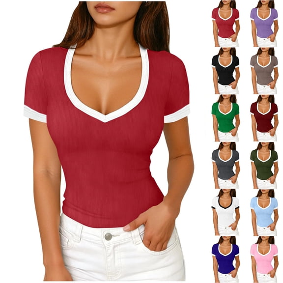 Ribbed Short Sleeve Tops for Women V Neck Ribbed Knit Color Block T Shirts Low Cut Fitted Casual Summer Basic Tees 2026 Red XXL