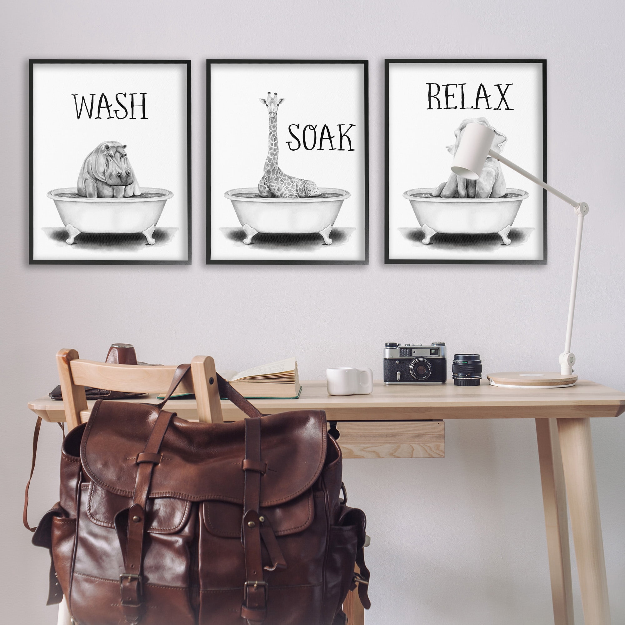 Stupell Industries Wash Soak Relax Jungle Animals Animals & Insects Painting Black Framed Art Print Wall Art, 24 x 30, Set of 3