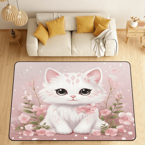 CURLYOOT Cartoon Flower Cat Area Rugs for Living Room Bedroom, 4' 10" x 6' 8" Washable Rug, Floor Carpet with Non Slip Backing for Dining Room Indoor