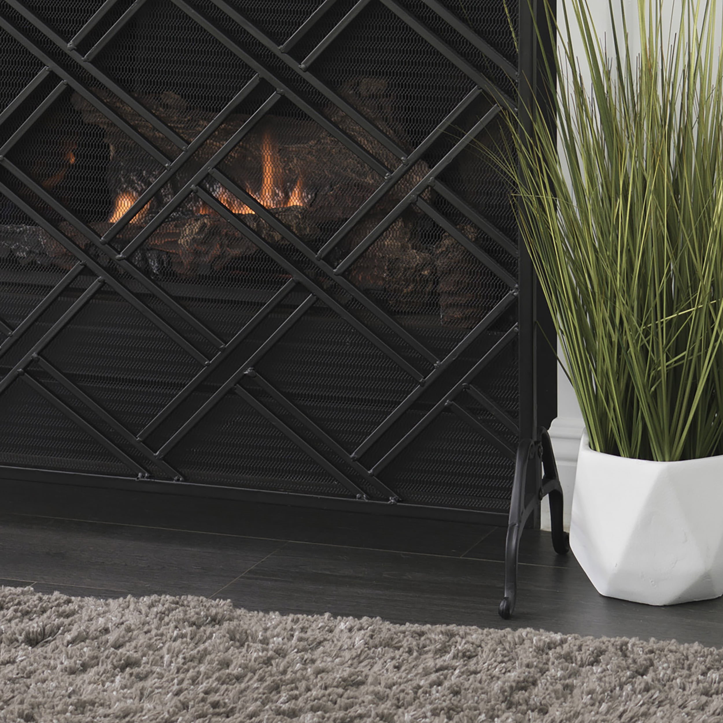 Fireplace Screen with Iron Frame and Panel Design, Indoor Firescreen and Spark Guard for Fireplace Safety, Black