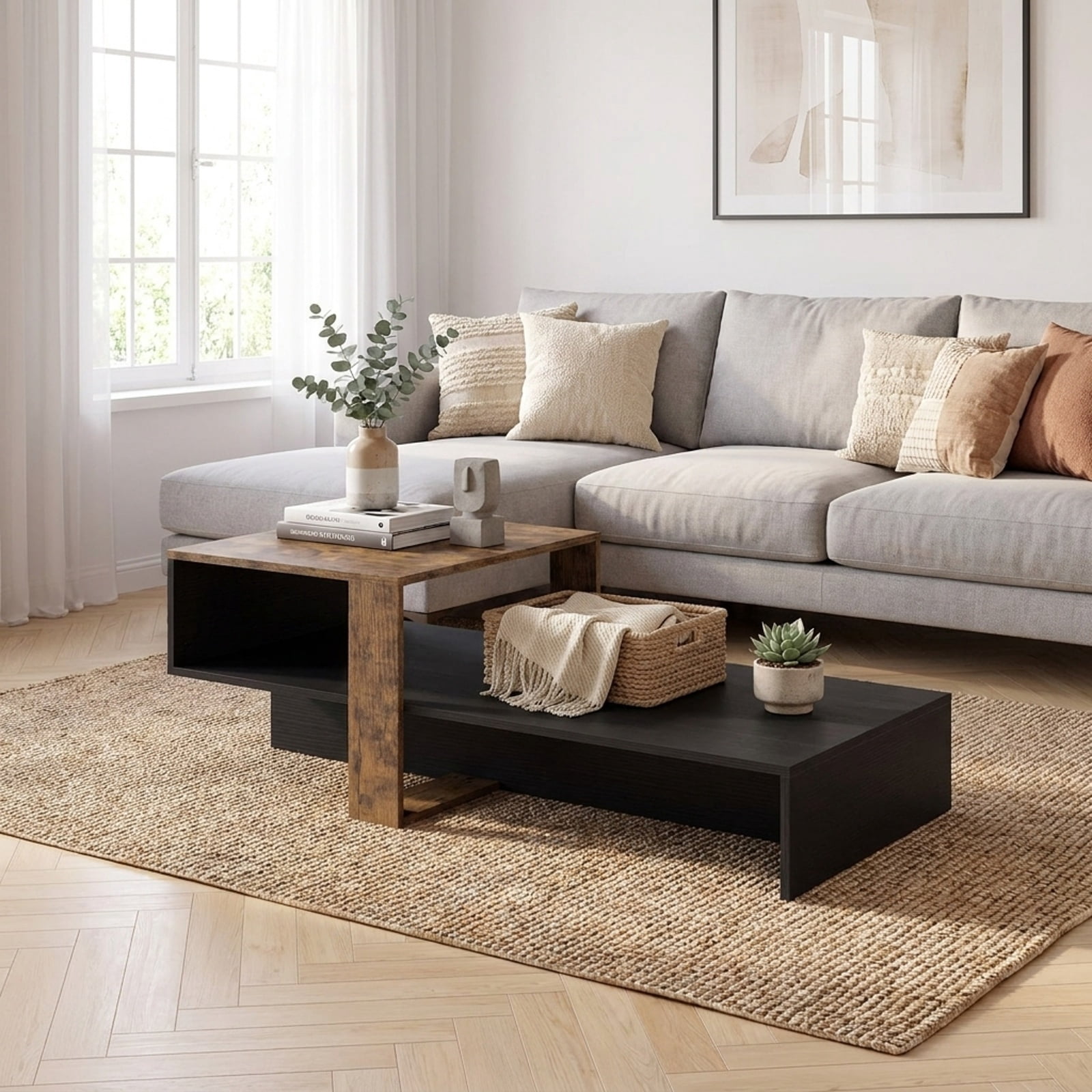 Furnibear 2 Tier Modern Irregular Coffee Table with Open Storage Shelf and Geometric Silhouette for Living Room for Home and Living Space, Black