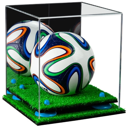 Deluxe Acrylic Mini - Miniature (not Full Size) Soccer Ball Display Case with Mirror, Blue Risers and Turf Base