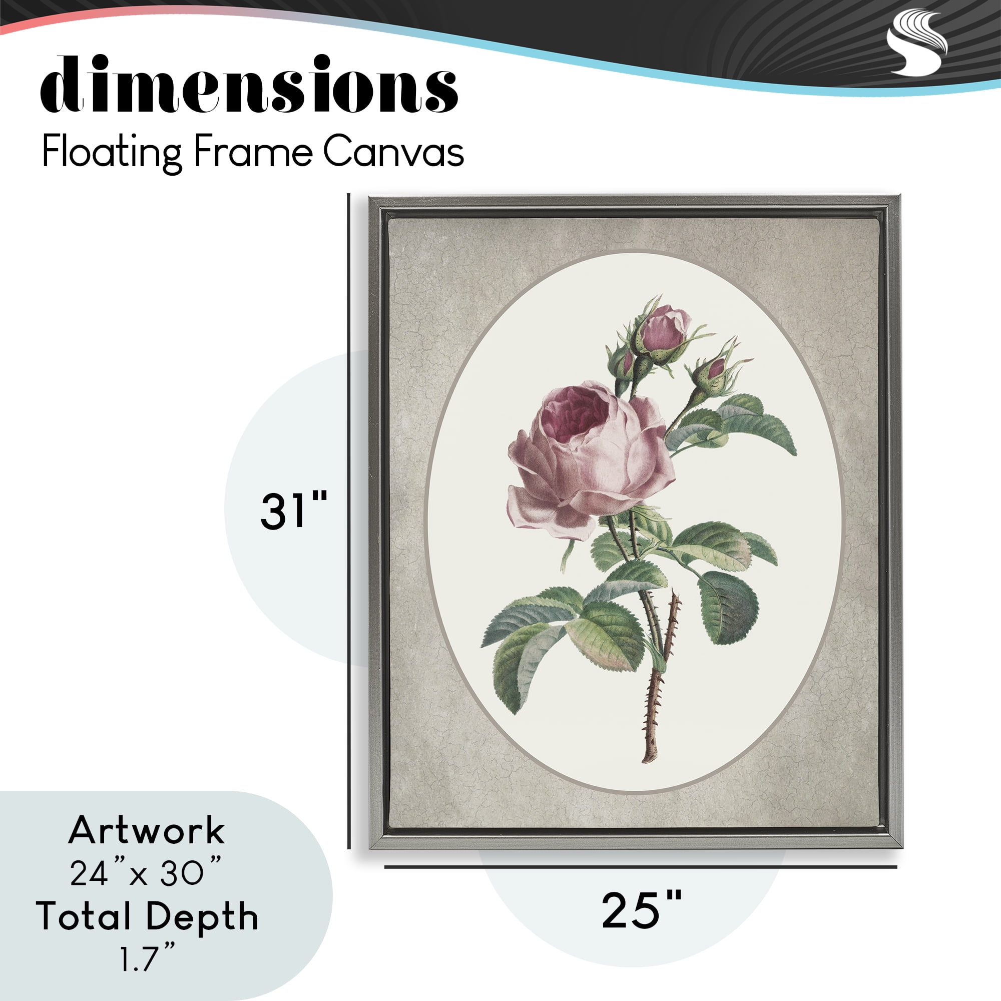 Vintage Rose within Oval Gray Framed Floater Canvas Wall Art, design by Lettered and Lined