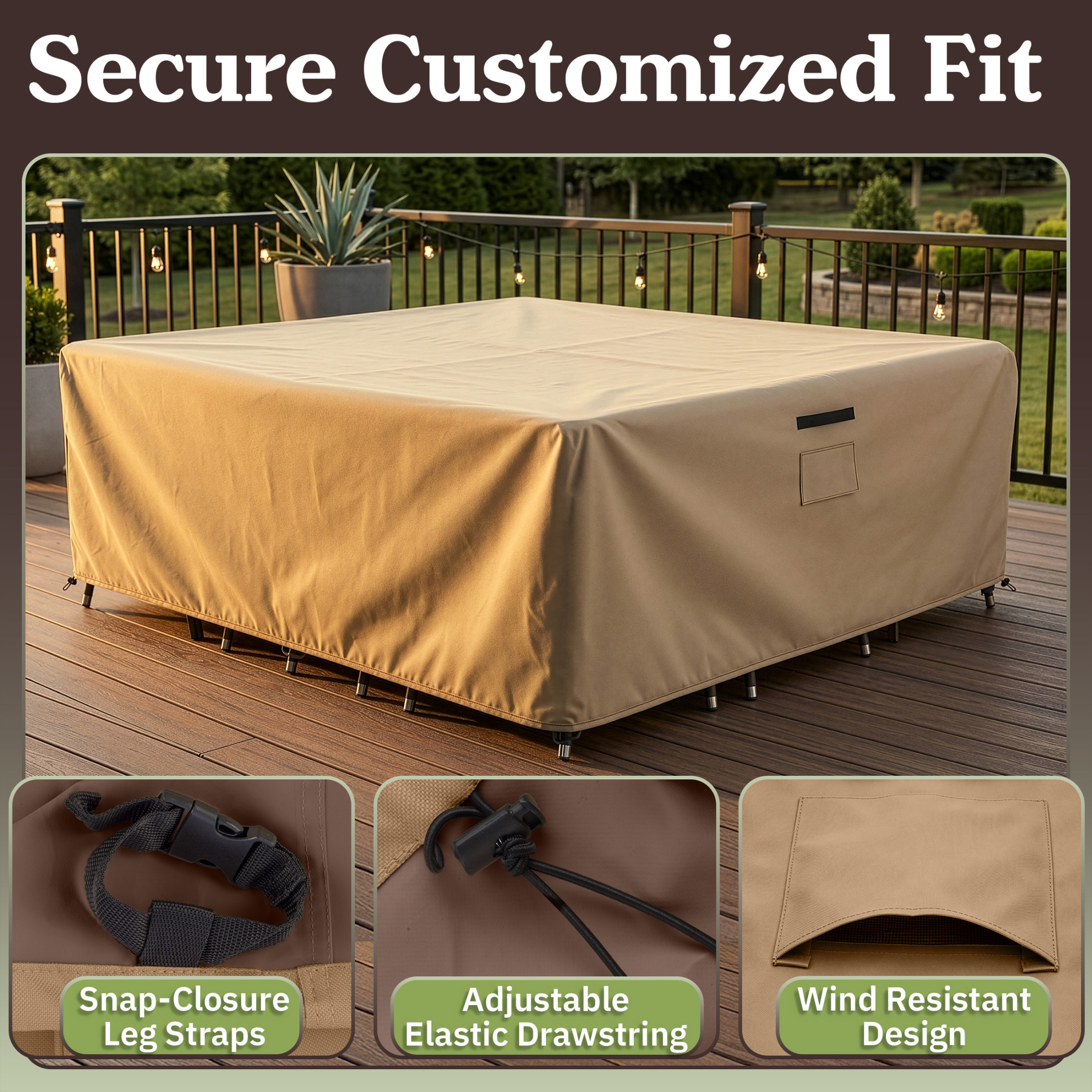 Pure Garden 106x106x28in Waterproof Square Furniture Outdoor Table Cover, Tan