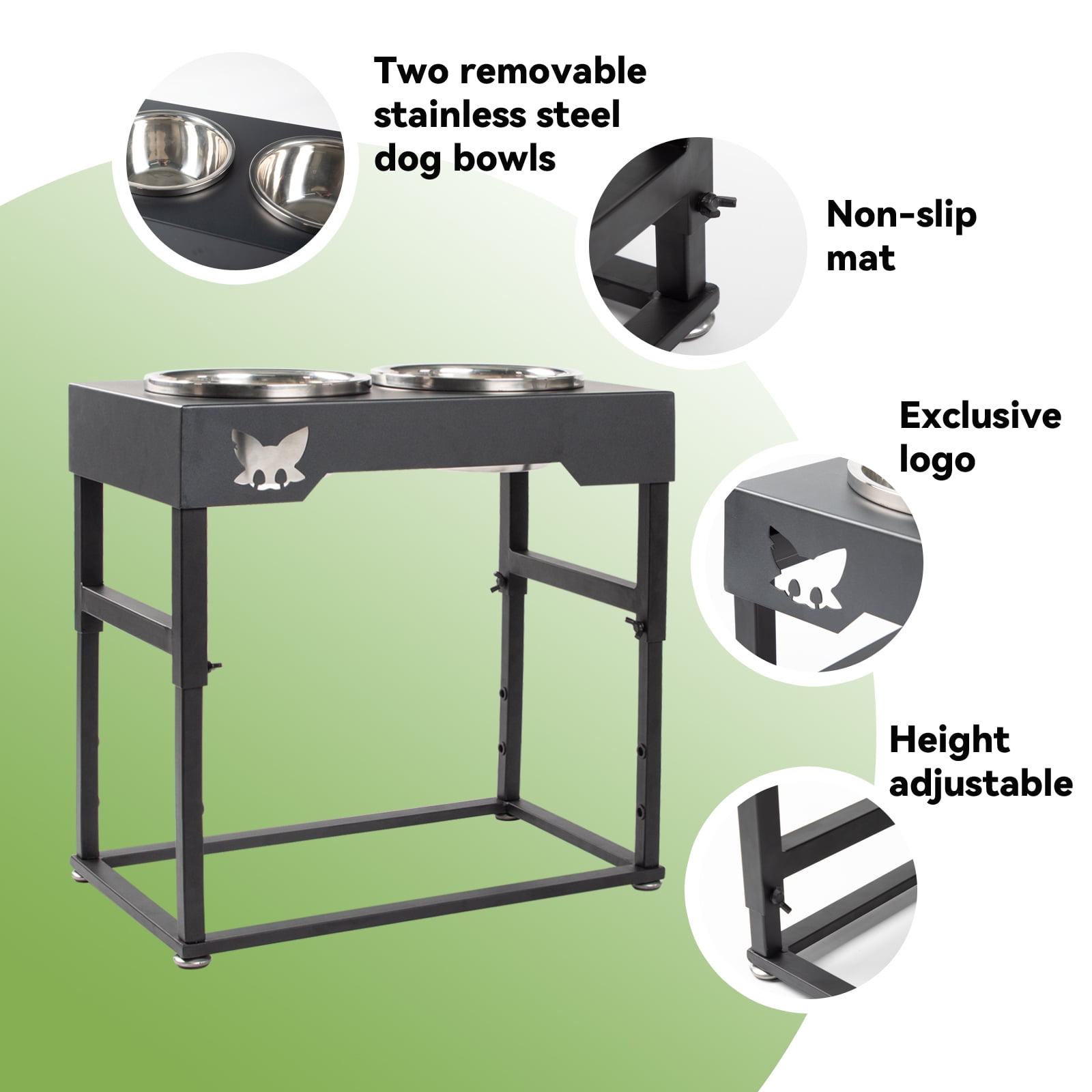 KITGO Metal Elevated Dog Bowl with Two Stainless Steel Dog Bowls, Adjustable Height Pet Feeder, 3 Height Adjustable, Raised Dog Food Bowls for Small, Medium, and Large Dogs, Black