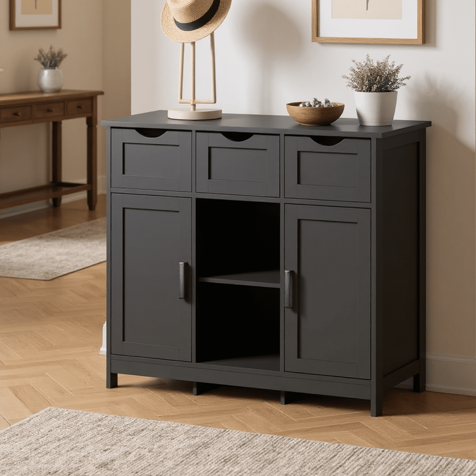Homy Casa Storage Cabinet with 2 Doors and 3 Drawers, Adjustable Shelves, Sideboard for Kitchen, Entryway