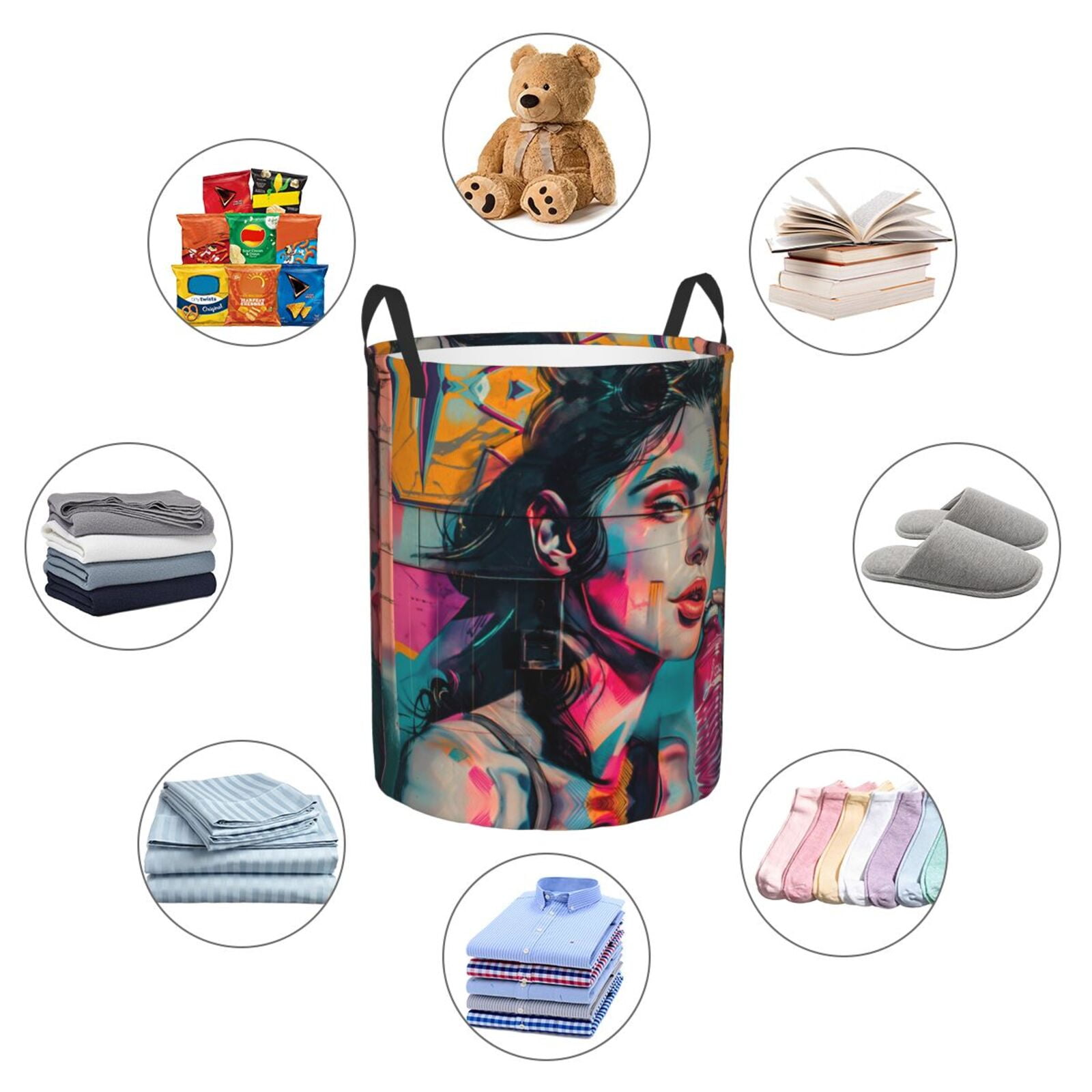 Large Laundry Basket with Handles - Vibrant Street Art Portrait Kids Baby Dirty Clothes Laundry Hamper for Bedroom Aesthetic