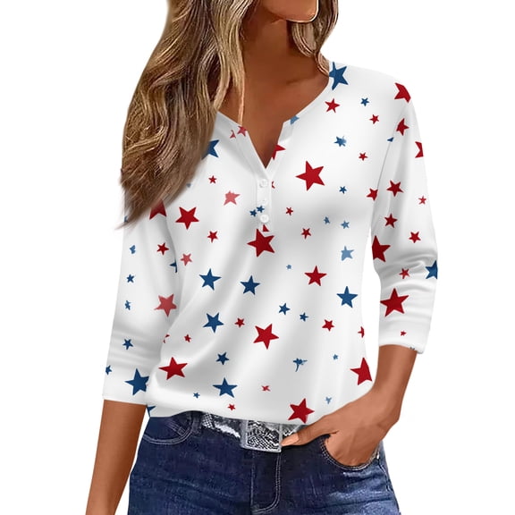 Women's 250th Anniversary USA Shirt Patriotic American Flag Print V-Neck Button 3/4 Sleeve T-Shirt