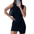 thumbnail image 1 of VISgogo Vestido sin mangas con cuello redondo para mujer, color sólido Textura de punto Flecos Ribete Irregular Dobladillo corto de una sola pieza VISgogo  moda, 1 of 5
