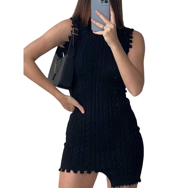 VISgogo Vestido sin mangas con cuello redondo para mujer, color sólido Textura de punto Flecos Ribete Irregular Dobladillo corto de una sola pieza VISgogo moda