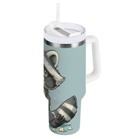 

JSTEL Cute Raccoon Popcorn Cartoon 40 oz Tumbler Stainless Steel Water Bottle Vacuum Insulated Cup with Straw Lid & Handle For Travel Car Cup Holder