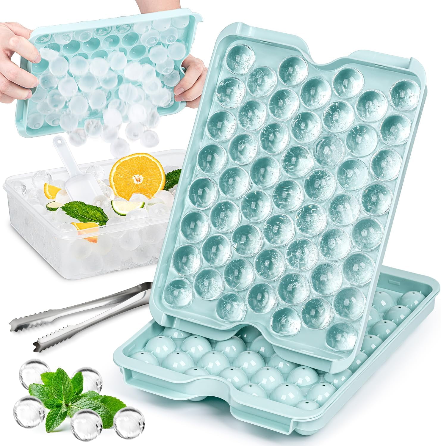 longzon Mini Round Ice Cube Tray with Lid and Bin,3 pack Silicone Ice Cube  Trays for Freezer